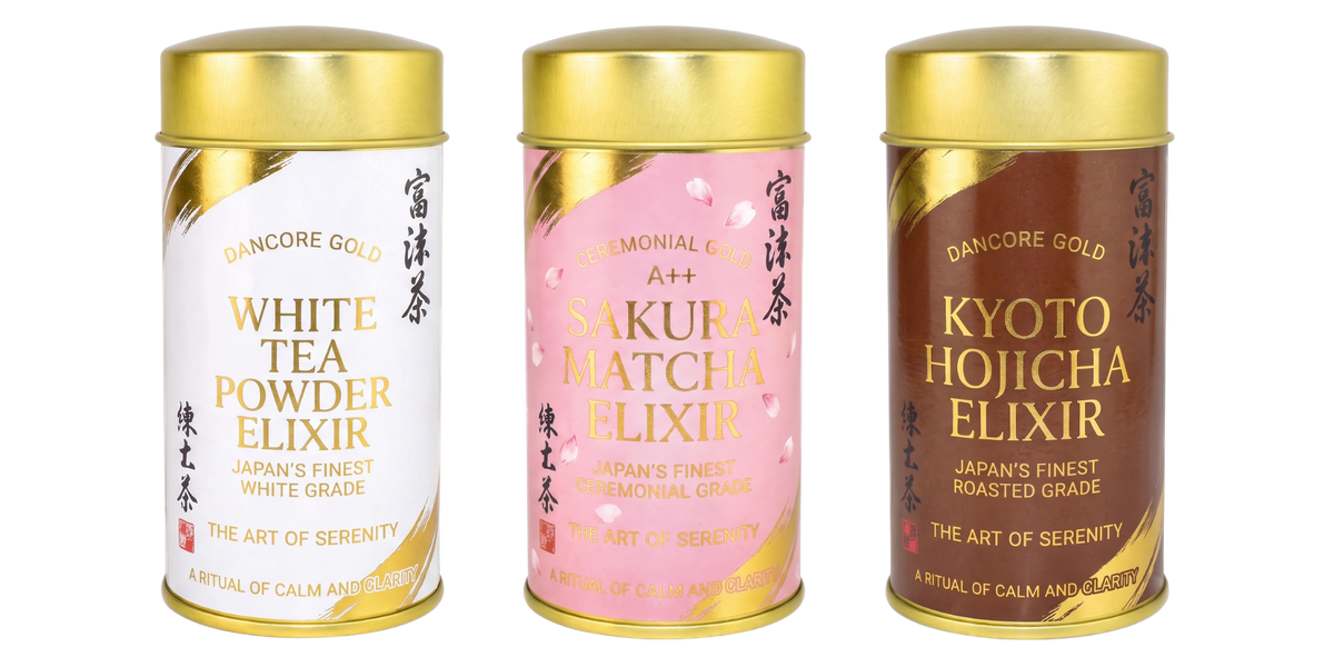 Dancore variants — Aichi Matcha (available now), Hojicha, Sakura Matcha, White Tea Powder (coming soon)