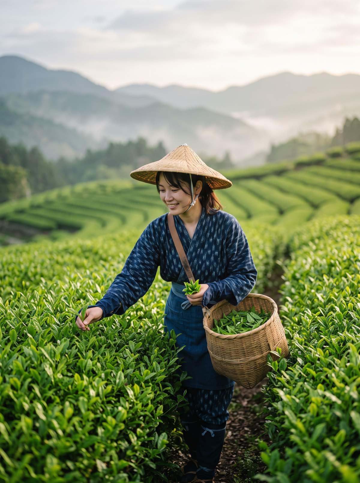 Tea picker harvesting fresh leaves in Nishio, Aichi